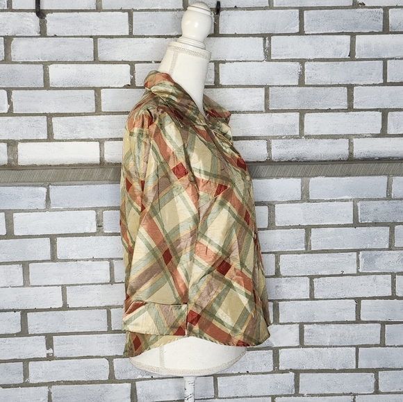 • Selene Sport Women's 3/4 Sleeve Plaid Button Up Blouse Medium Gold Multicolor - Picture 6 of 11